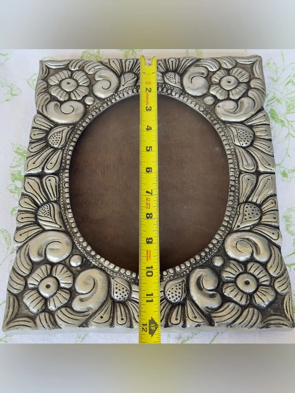 Vintage Pewter? Metal Picture Frame w Ornate Floral & Scroll Repoussé Motif